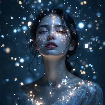 The primary subject of the image is a woman with long hair, who is the main focus of the scene. She is surrounded by a blue background, which adds to the overall atmosphere of the image. The visual style of the image is a combination of photo and digital art, creating a unique and captivating scene. The woman's hair is adorned with sparkling lights, which adds a touch of magic and beauty to the image. The colors and mood of the image are predominantly blue, creating a serene and en
